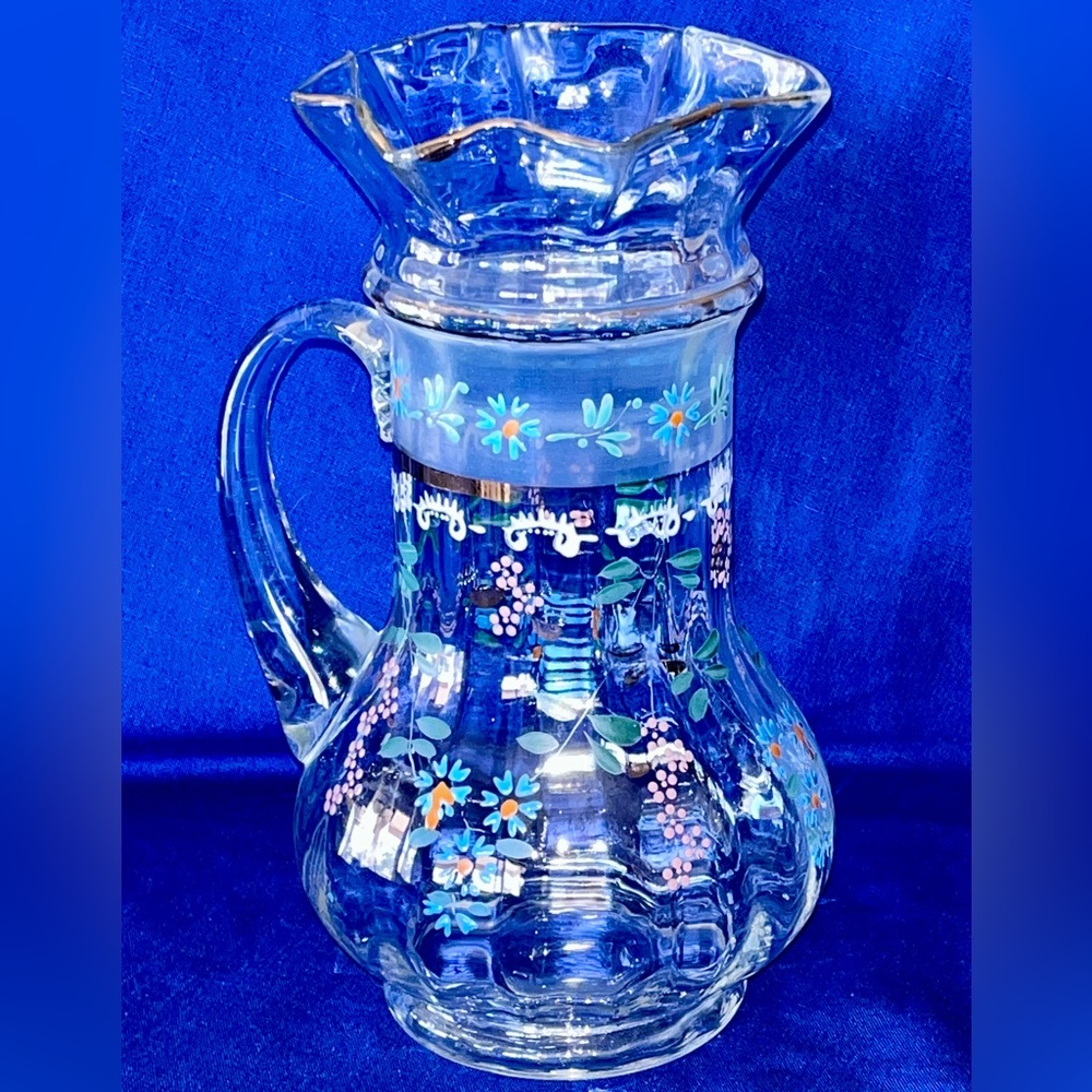 Antique Victorian style hand blown hand painted glass pitcher gold accents